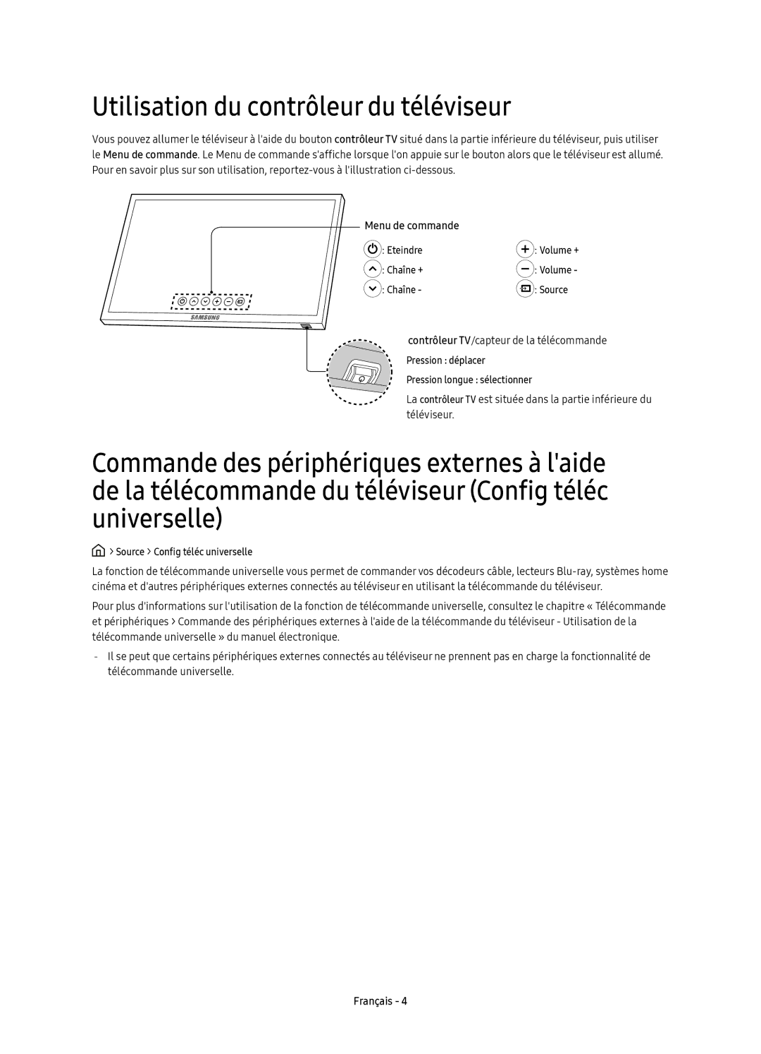 Samsung UE40KU6470UXZG, UE49KU6470UXZG, UE55KU6470UXZF manual Utilisation du contrôleur du téléviseur, Menu de commande 