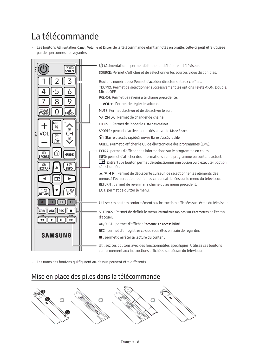 Samsung UE55KU6470UXZF, UE40KU6470UXZG, UE49KU6470UXZG manual La télécommande, Mise en place des piles dans la télécommande 