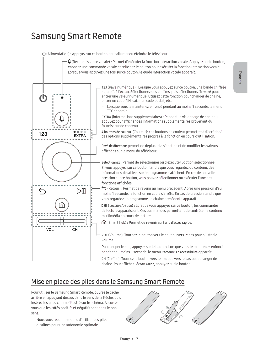 Samsung UE40KU6470UXZF, UE40KU6470UXZG, UE49KU6470UXZG manual Mise en place des piles dans le Samsung Smart Remote 