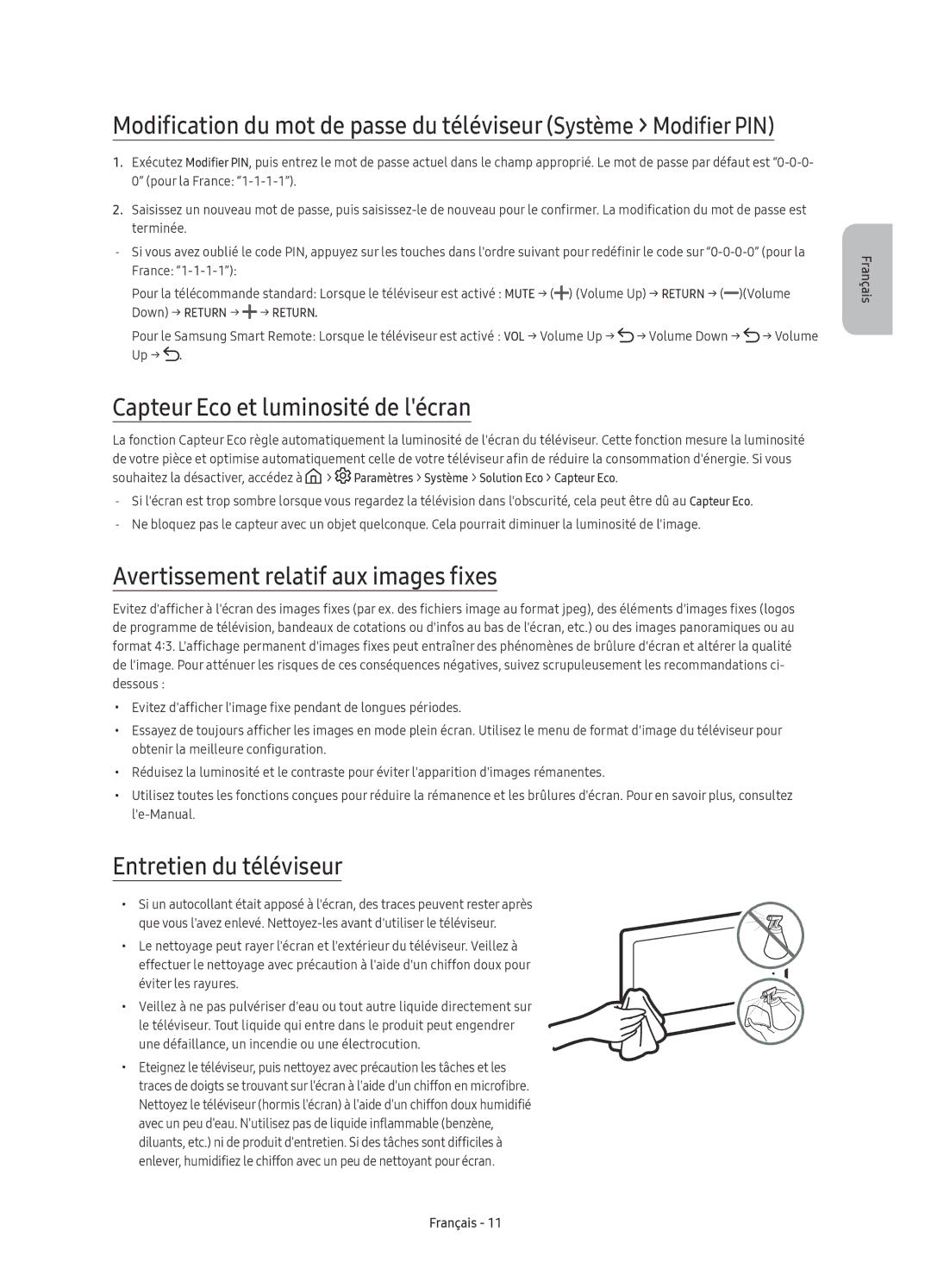 Samsung UE55KU6470UXZF, UE40KU6470UXZG manual Capteur Eco et luminosité de lécran, Avertissement relatif aux images fixes 