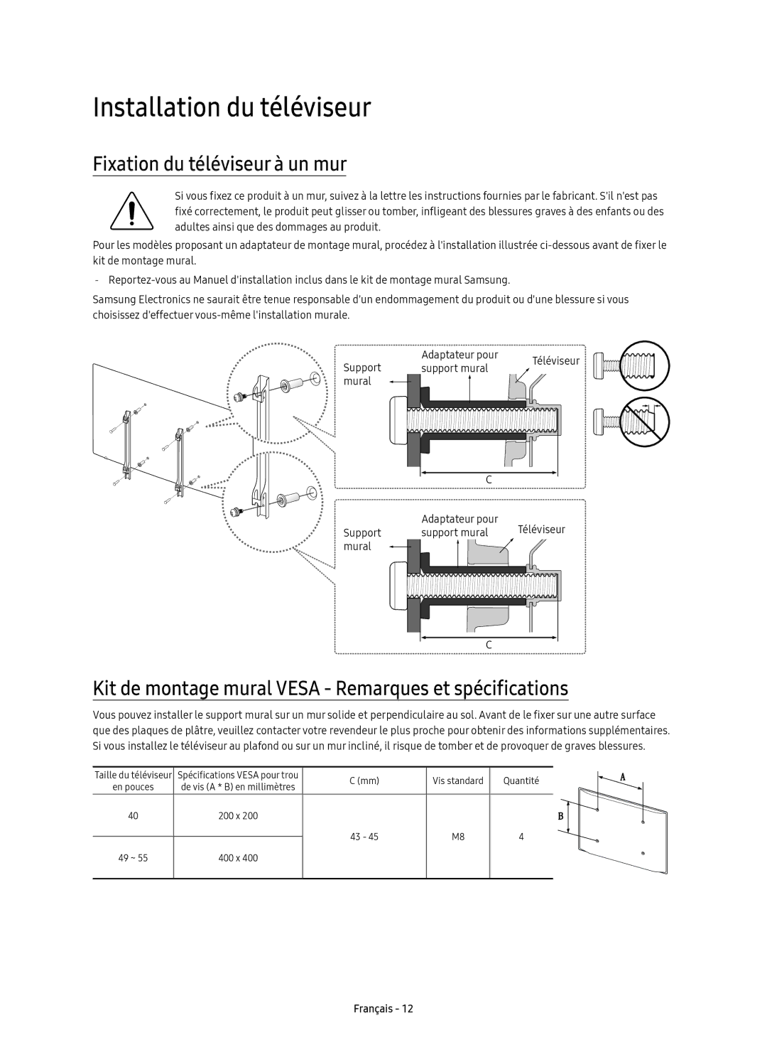 Samsung UE40KU6470UXZF, UE40KU6470UXZG, UE49KU6470UXZG manual Installation du téléviseur, Fixation du téléviseur à un mur 