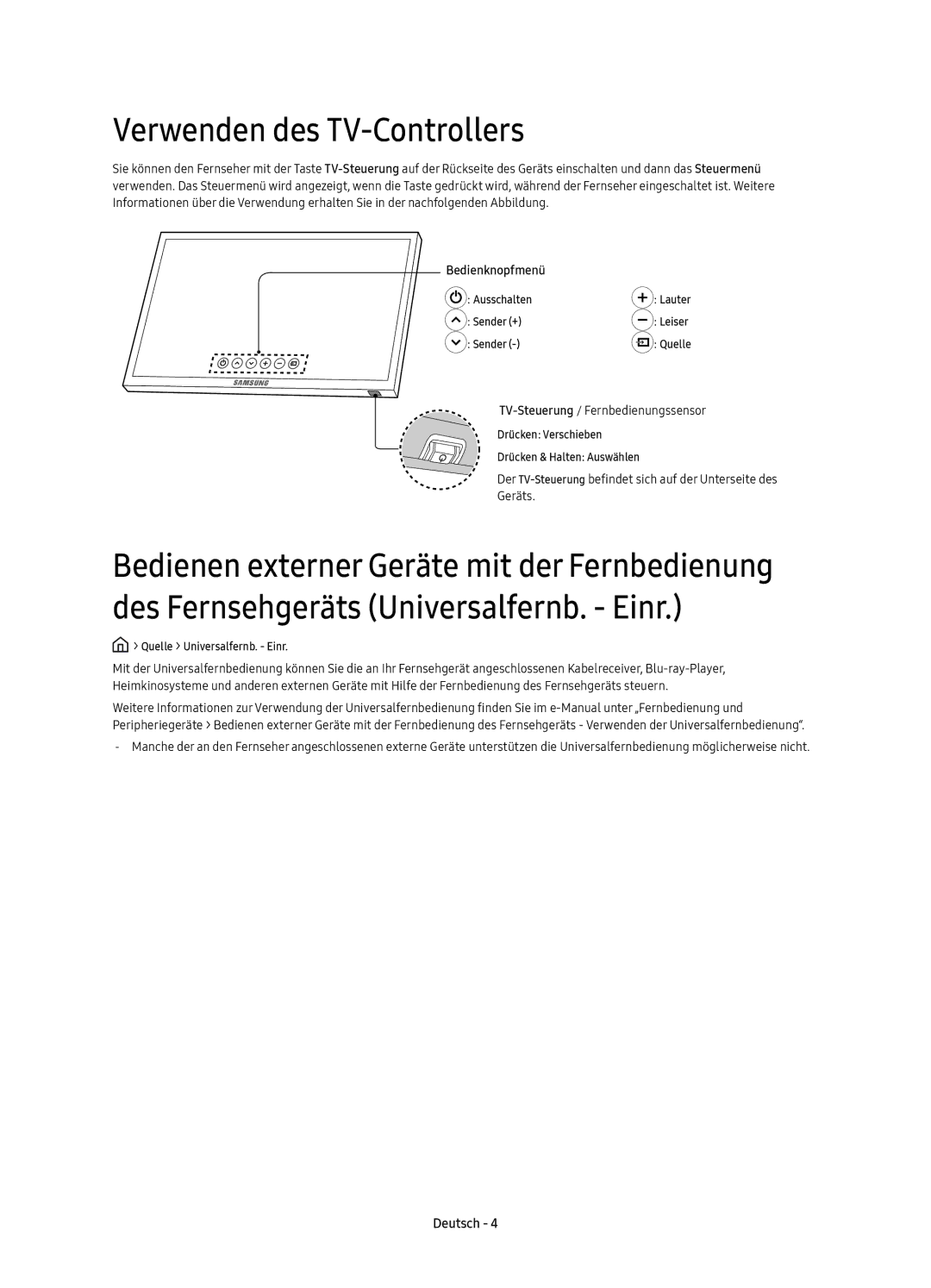 Samsung UE49KU6470UXZG, UE40KU6470UXZG, UE55KU6470UXZF manual Verwenden des TV-Controllers, Quelle Universalfernb. Einr 