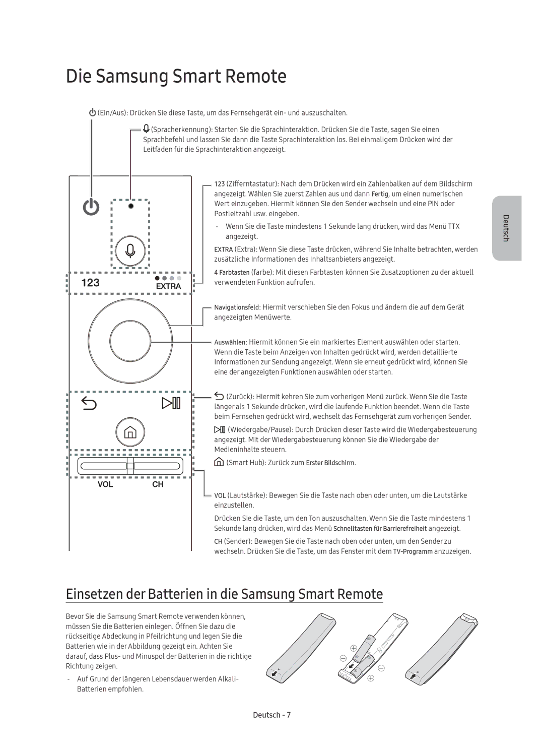 Samsung UE49KU6470UXZF, UE40KU6470UXZG manual Die Samsung Smart Remote, Einsetzen der Batterien in die Samsung Smart Remote 