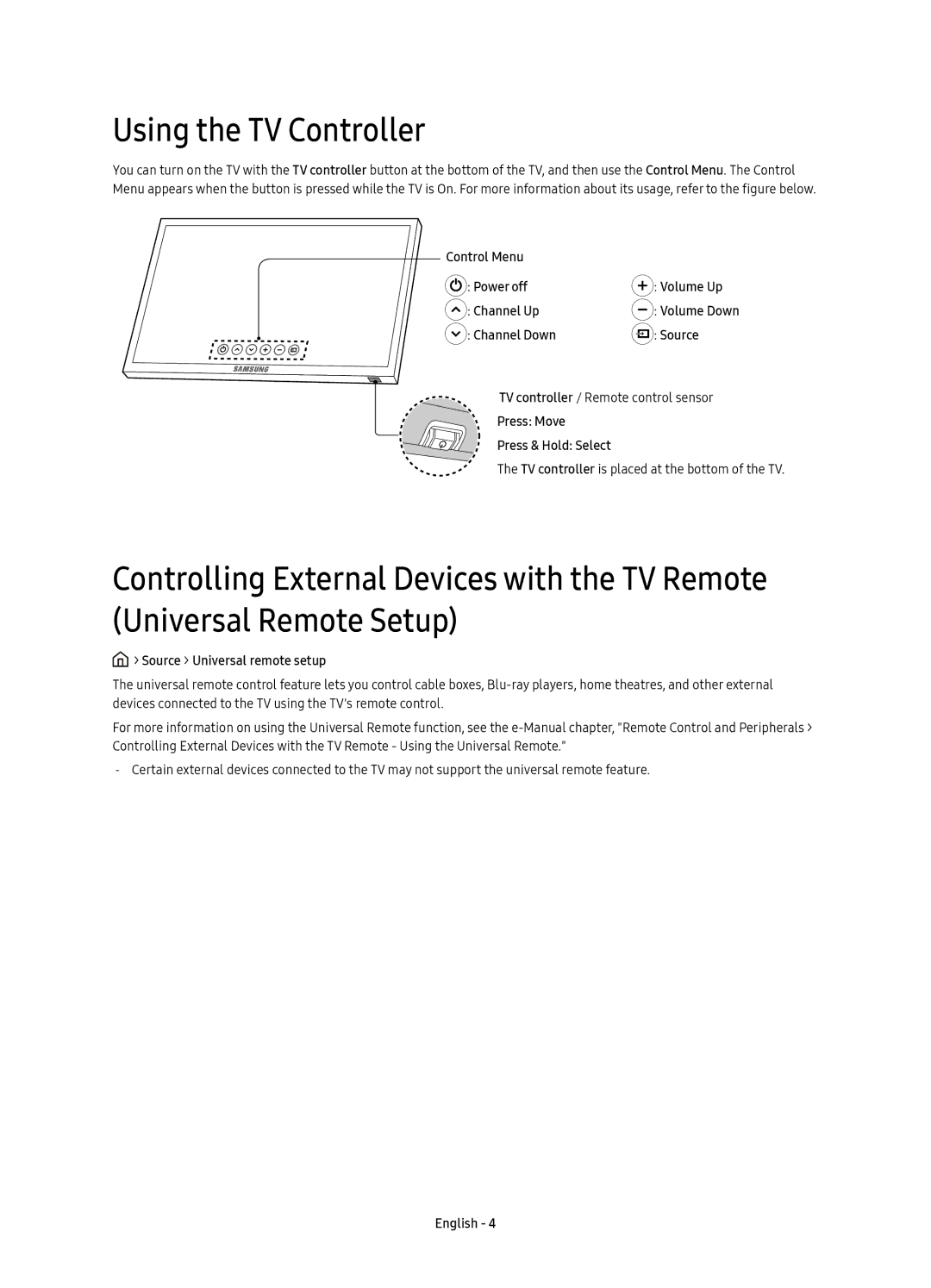 Samsung UE49KU6470UXZF, UE40KU6470UXZG, UE49KU6470UXZG manual Using the TV Controller, Source Universal remote setup 