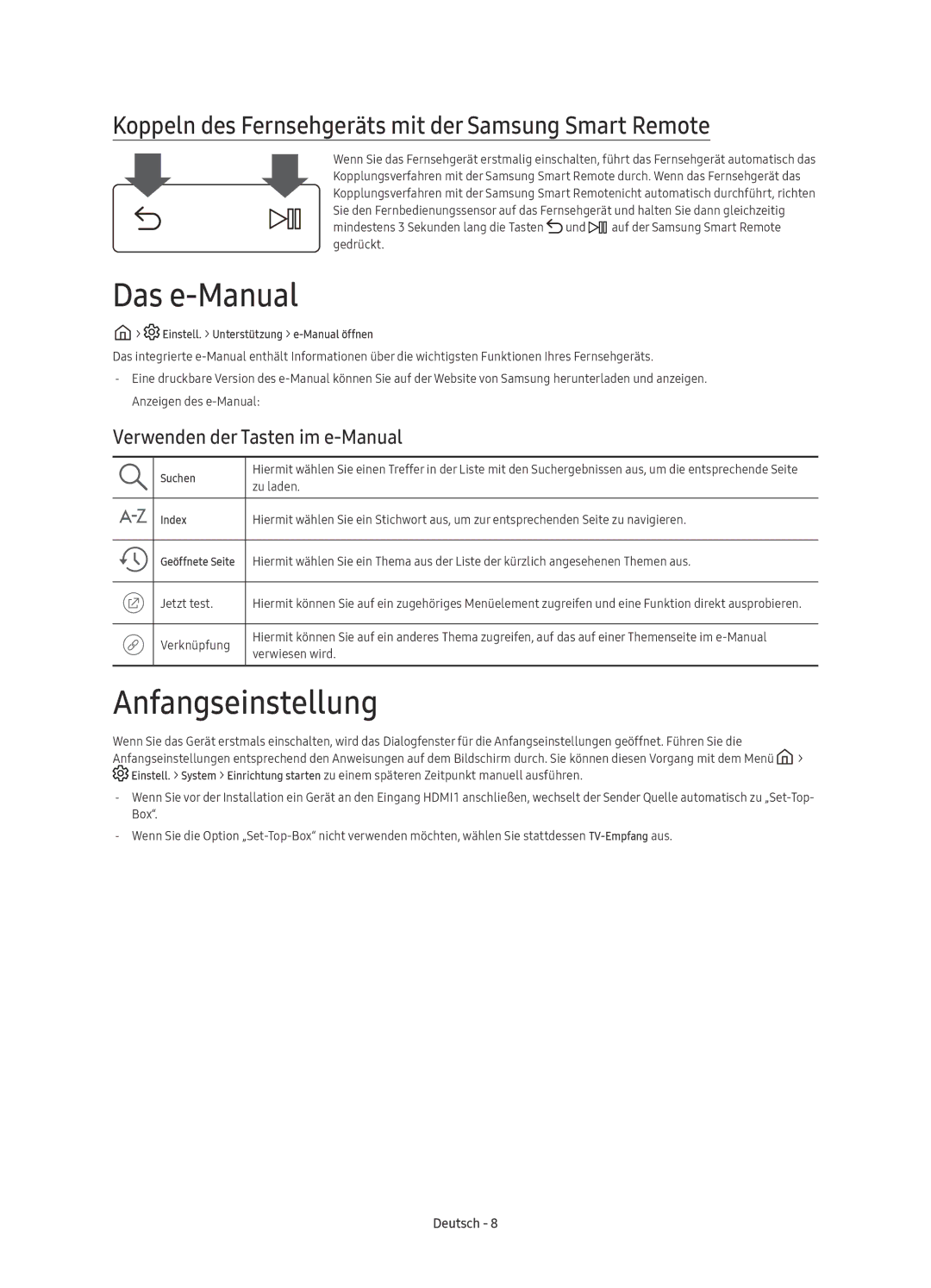 Samsung UE40KU6470UXZG manual Das e-Manual, Anfangseinstellung, Koppeln des Fernsehgeräts mit der Samsung Smart Remote 