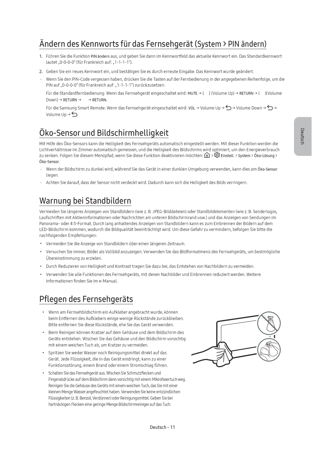 Samsung UE40KU6470UXZF manual Öko-Sensor und Bildschirmhelligkeit, Warnung bei Standbildern, Pflegen des Fernsehgeräts 