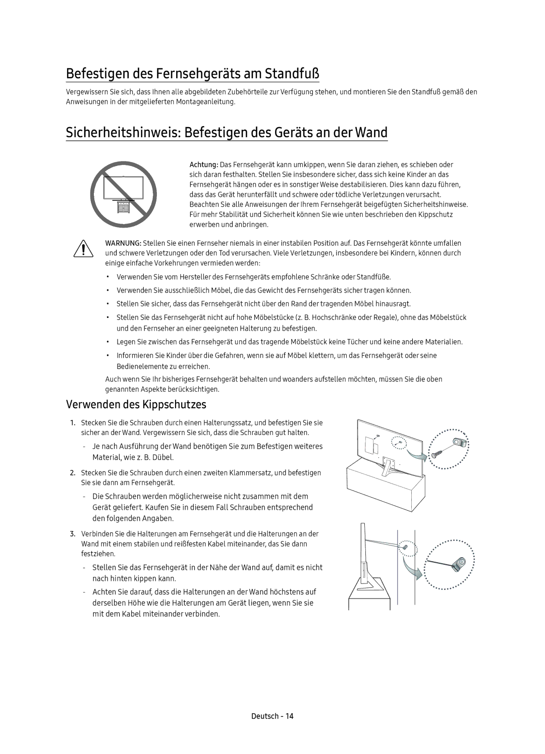 Samsung UE49KU6470UXZG Befestigen des Fernsehgeräts am Standfuß, Sicherheitshinweis Befestigen des Geräts an der Wand 