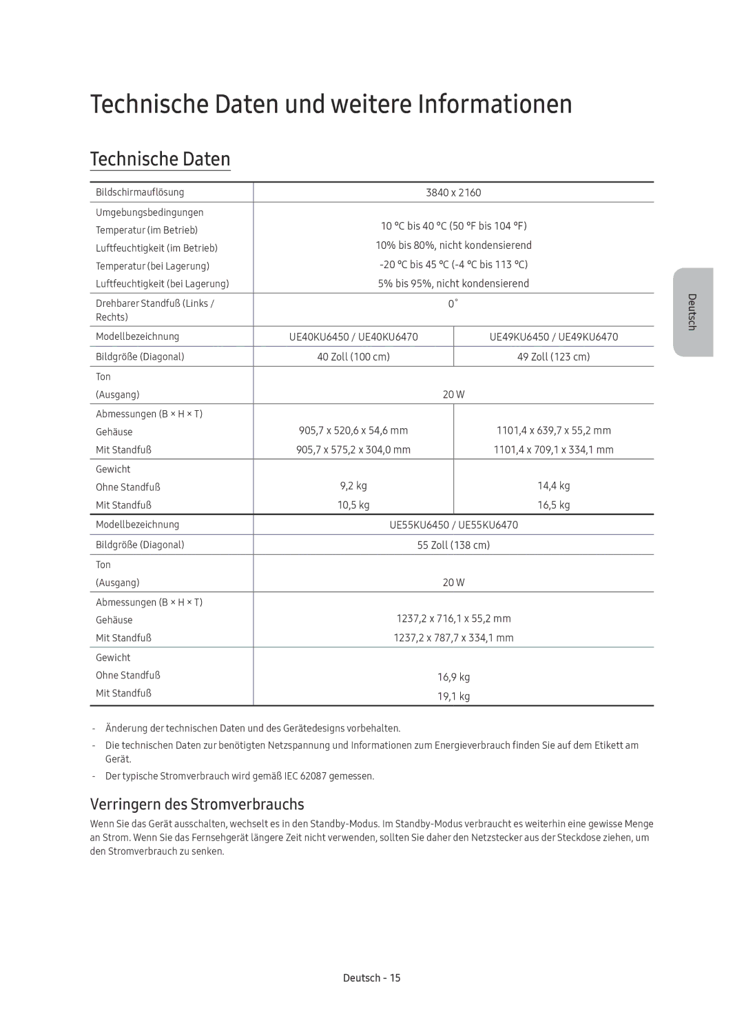 Samsung UE55KU6470UXZF, UE40KU6470UXZG manual Technische Daten und weitere Informationen, Verringern des Stromverbrauchs 