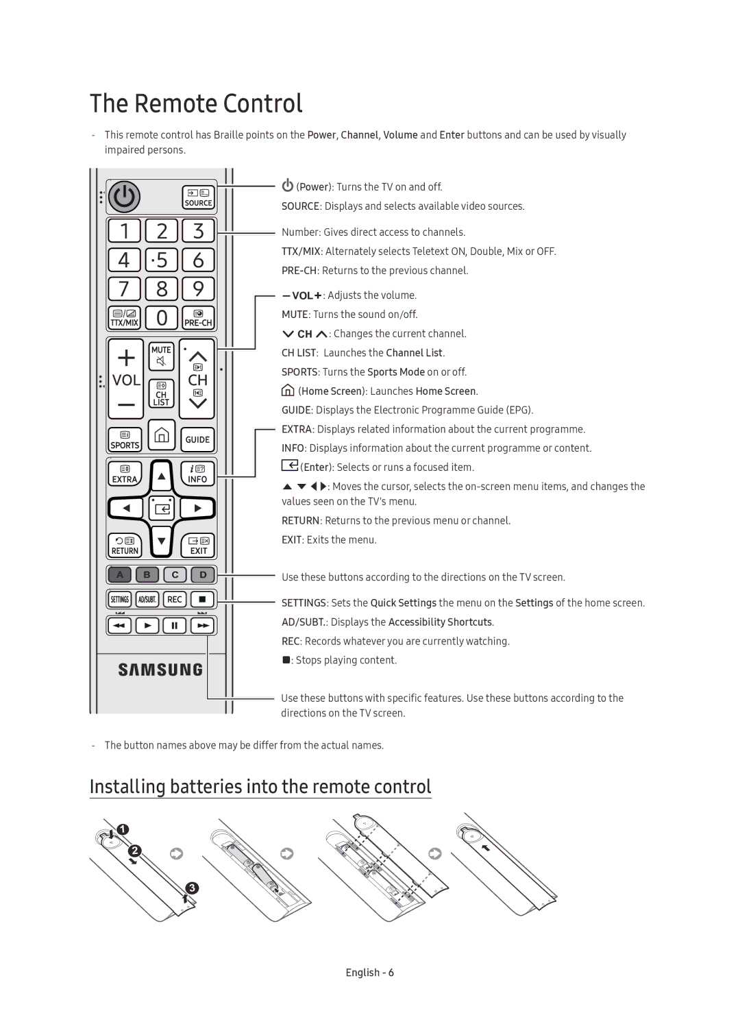 Samsung UE49KU6470UXZG, UE40KU6470UXZG, UE55KU6470UXZF manual Remote Control, Installing batteries into the remote control 