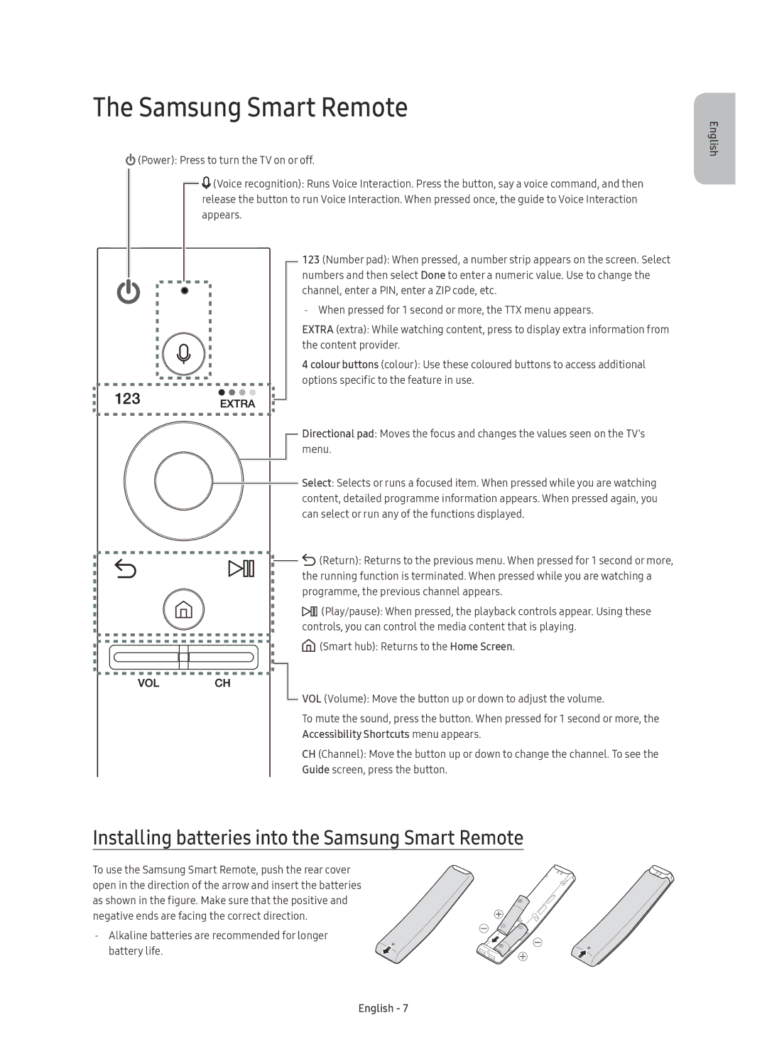 Samsung UE55KU6470UXZF, UE40KU6470UXZG, UE49KU6470UXZG manual Installing batteries into the Samsung Smart Remote 