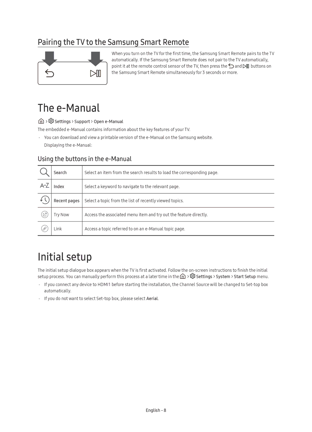 Samsung UE40KU6470UXZF, UE40KU6470UXZG, UE49KU6470UXZG E-Manual, Initial setup, Pairing the TV to the Samsung Smart Remote 