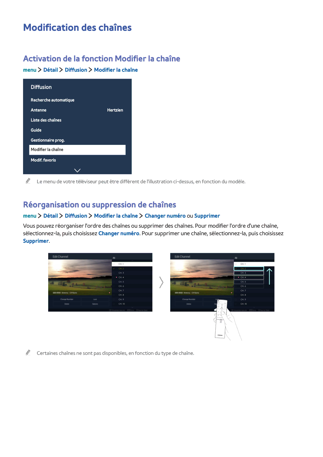 Samsung UE32LS001AUXZF, UE40LS001CUXZF manual Modification des chaînes, Activation de la fonction Modifier la chaîne 