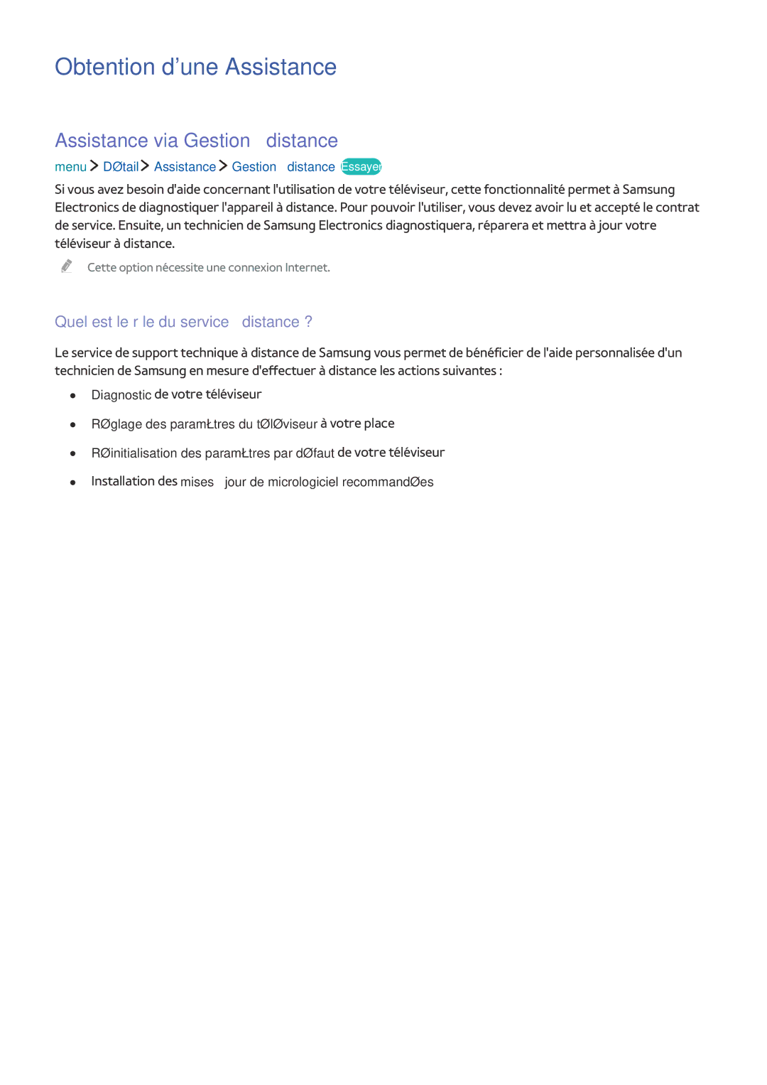 Samsung UE32LS001DUXZF, UE40LS001CUXZF, UE32LS001CUXZF manual Obtention dune Assistance, Assistance via Gestion à distance 