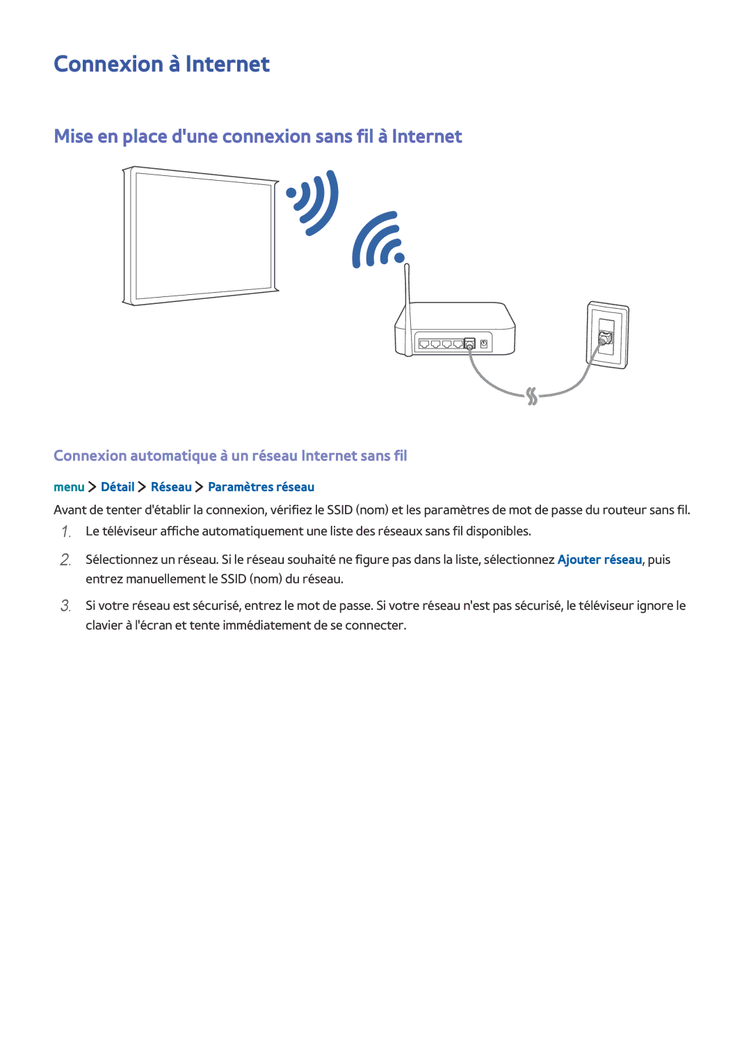 Samsung UE24LS001AUXZF, UE40LS001CUXZF manual Connexion à Internet, Mise en place dune connexion sans fil à Internet 