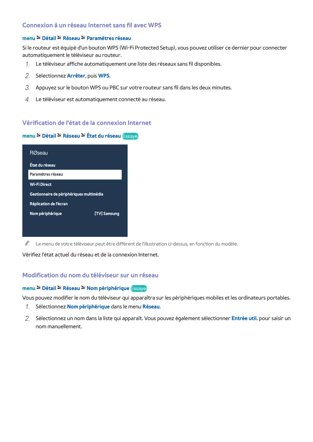 Samsung UE32LS001DUXZF Connexion à un réseau Internet sans fil avec WPS, Vérification de létat de la connexion Internet 