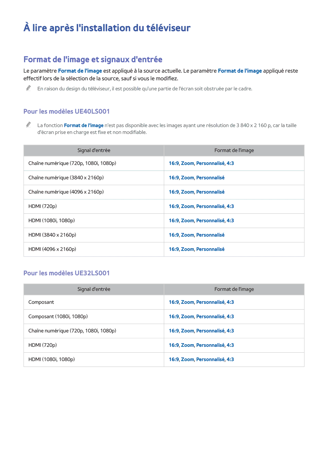 Samsung UE32LS001CUXZF, UE40LS001CUXZF manual Lire après linstallation du téléviseur, Format de limage et signaux dentrée 