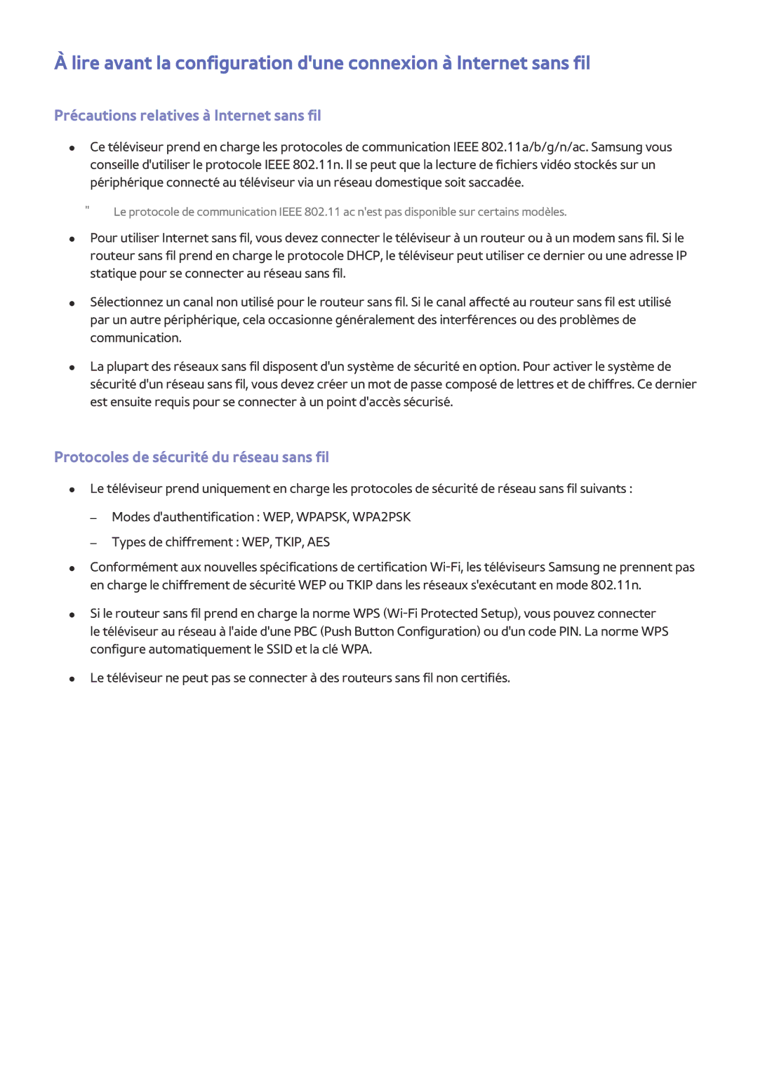 Samsung UE40LS001AUXZF manual Précautions relatives à Internet sans fil, Protocoles de sécurité du réseau sans fil 