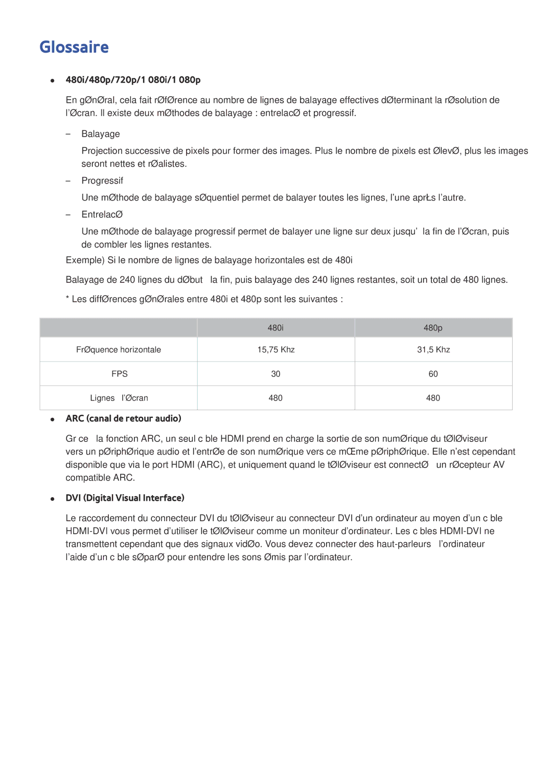 Samsung UE40LS001CUXZF, UE32LS001CUXZF, UE32LS001AUXZF, UE40LS001AUXZF manual Glossaire, 480i/480p/720p/1 080i/1 080p 
