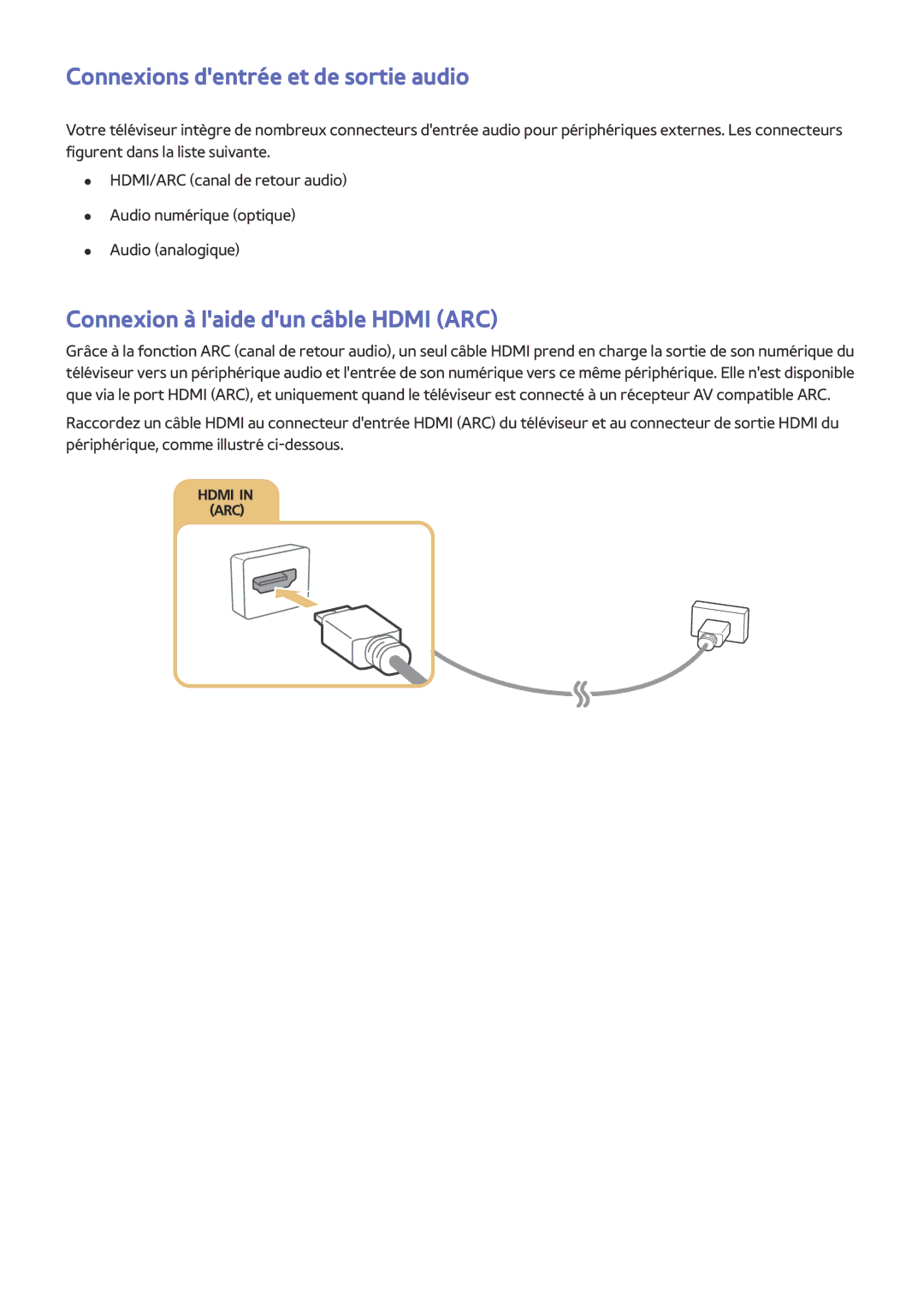 Samsung UE40LS001CUXZF, UE32LS001CUXZF manual Connexions dentrée et de sortie audio, Connexion à laide dun câble Hdmi ARC 