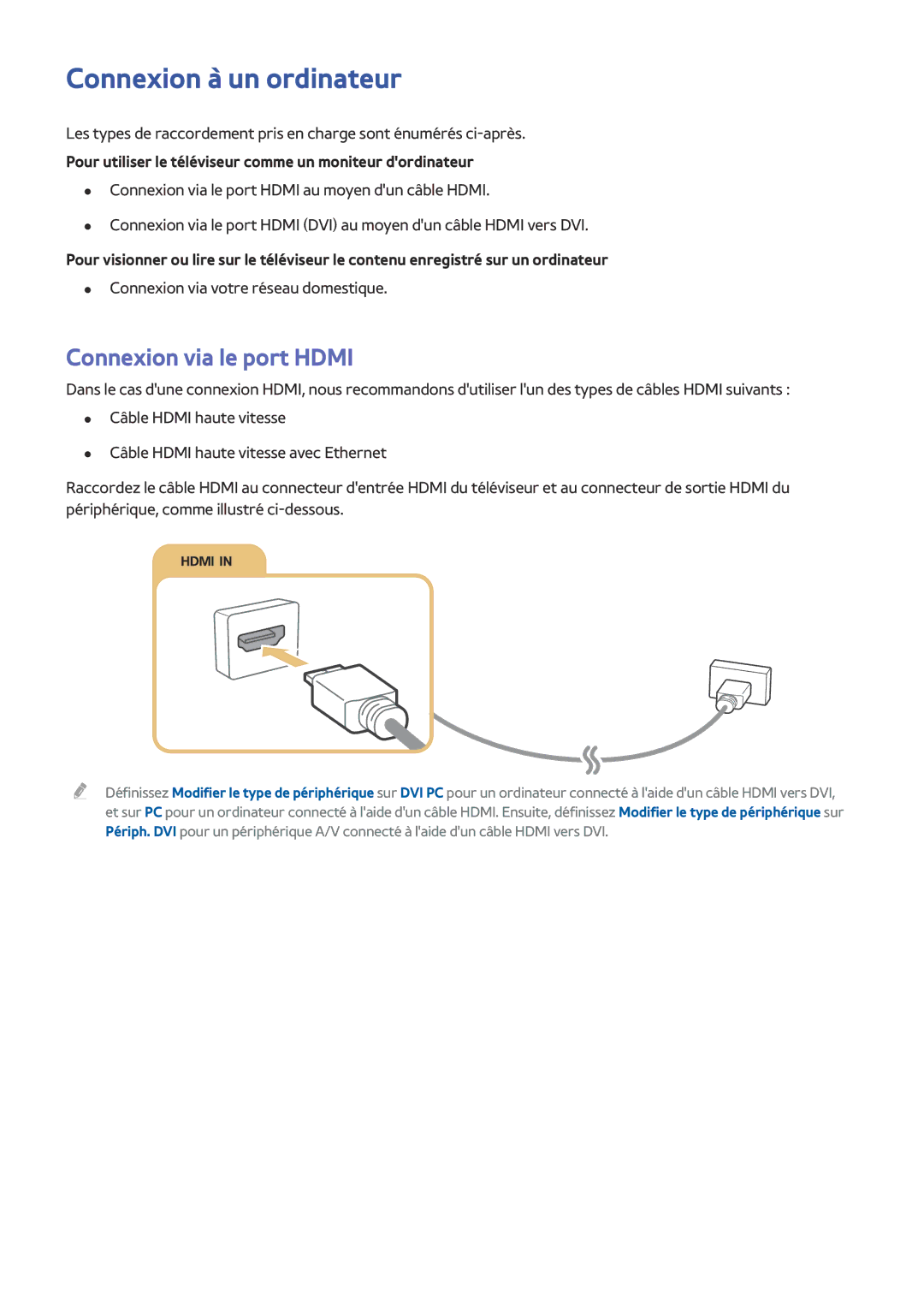 Samsung UE32LS001AUXZF, UE40LS001CUXZF, UE32LS001CUXZF, UE40LS001AUXZF Connexion à un ordinateur, Connexion via le port Hdmi 