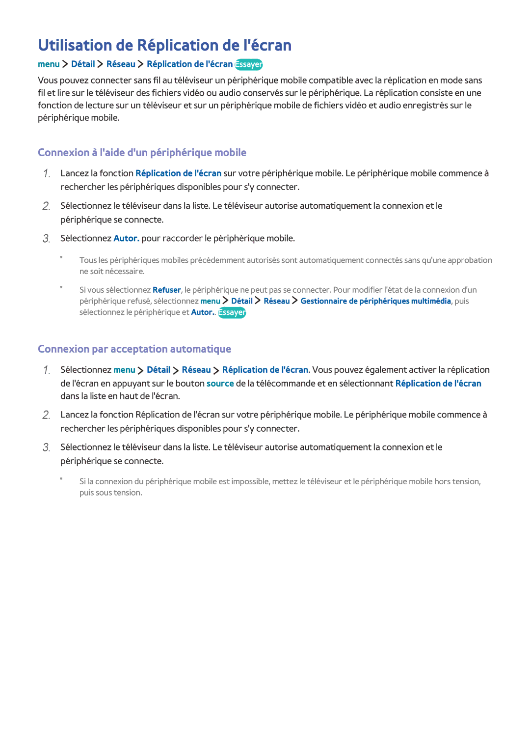 Samsung UE24LS001AUXZF, UE40LS001CUXZF Utilisation de Réplication de lécran, Connexion à laide dun périphérique mobile 