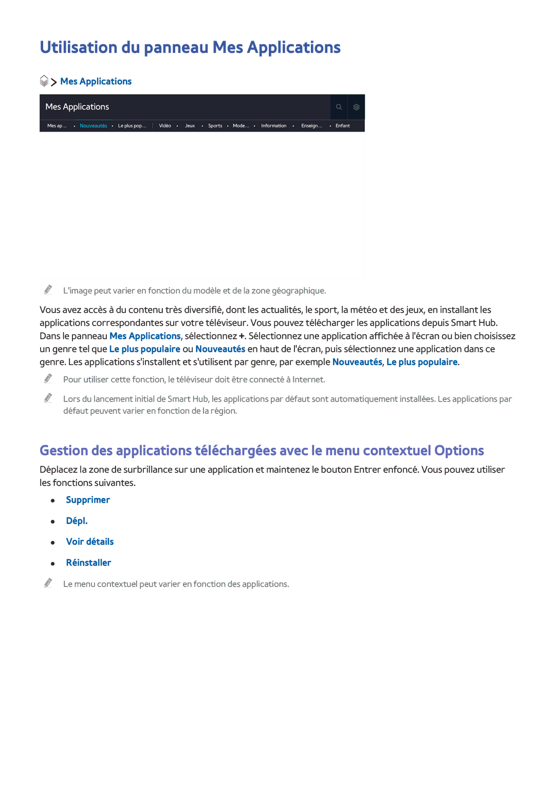 Samsung UE40LS001CUXZF, UE32LS001CUXZF Utilisation du panneau Mes Applications, Supprimer Dépl Voir détails Réinstaller 