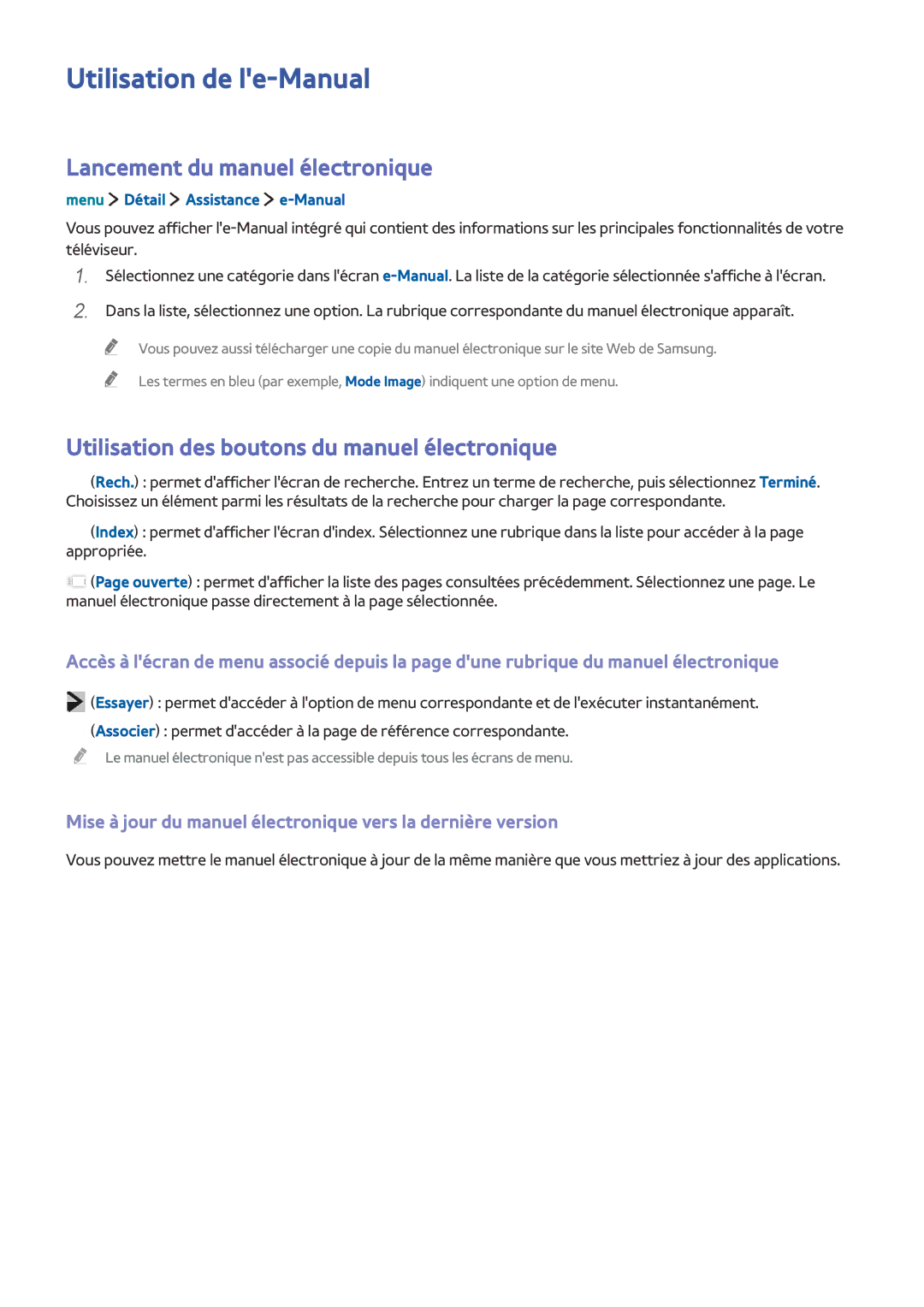Samsung UE40LS001AUXZF manual Utilisation de le-Manual, Lancement du manuel électronique, Menu Détail Assistance e-Manual 