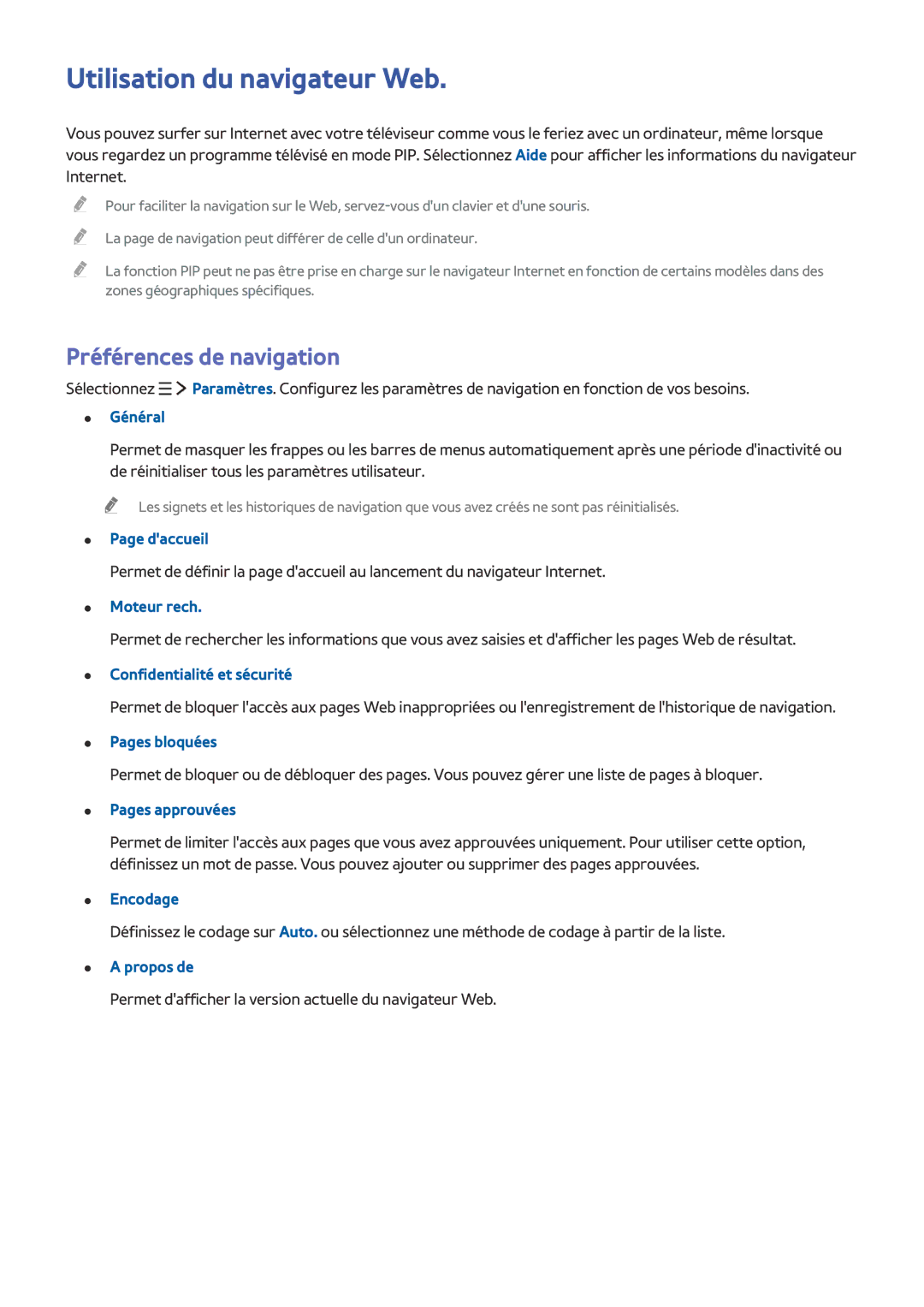 Samsung UE24LS001AUXZF, UE40LS001CUXZF, UE32LS001CUXZF manual Utilisation du navigateur Web, Préférences de navigation 