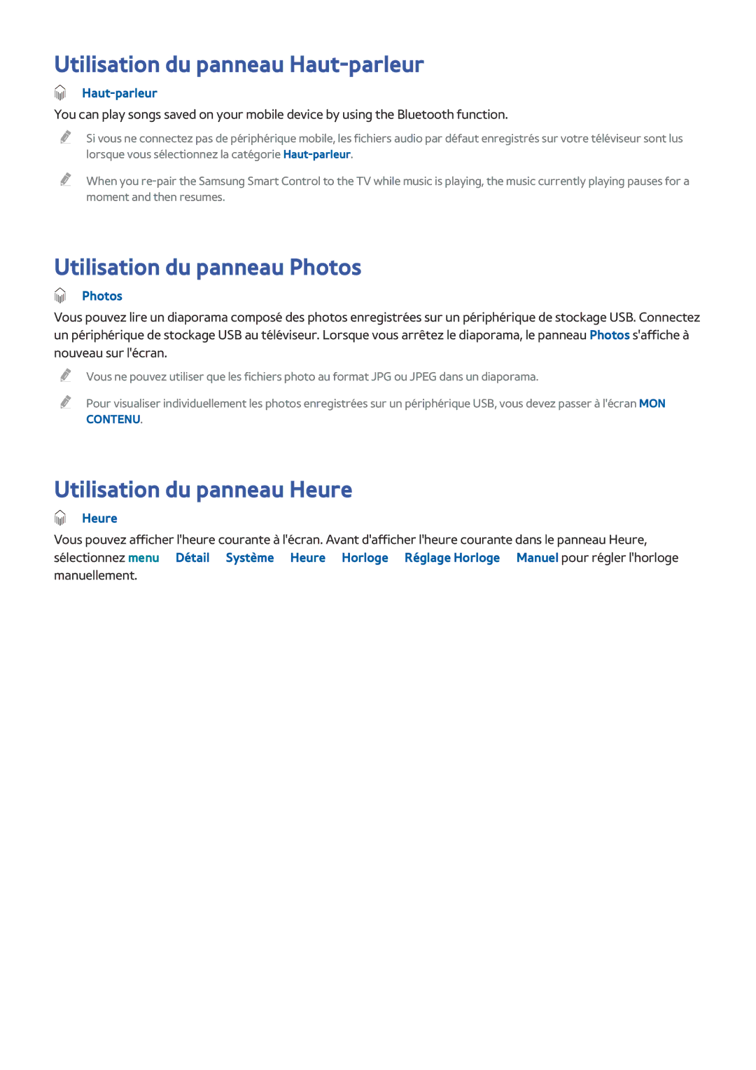 Samsung UE32LS001DUXZF Utilisation du panneau Haut-parleur, Utilisation du panneau Photos, Utilisation du panneau Heure 
