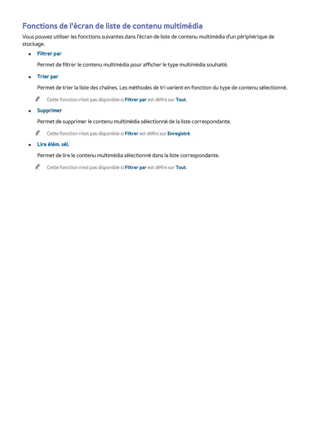Samsung UE32LS001FUXZF manual Fonctions de lécran de liste de contenu multimédia, Filtrer par, Trier par, Supprimer 