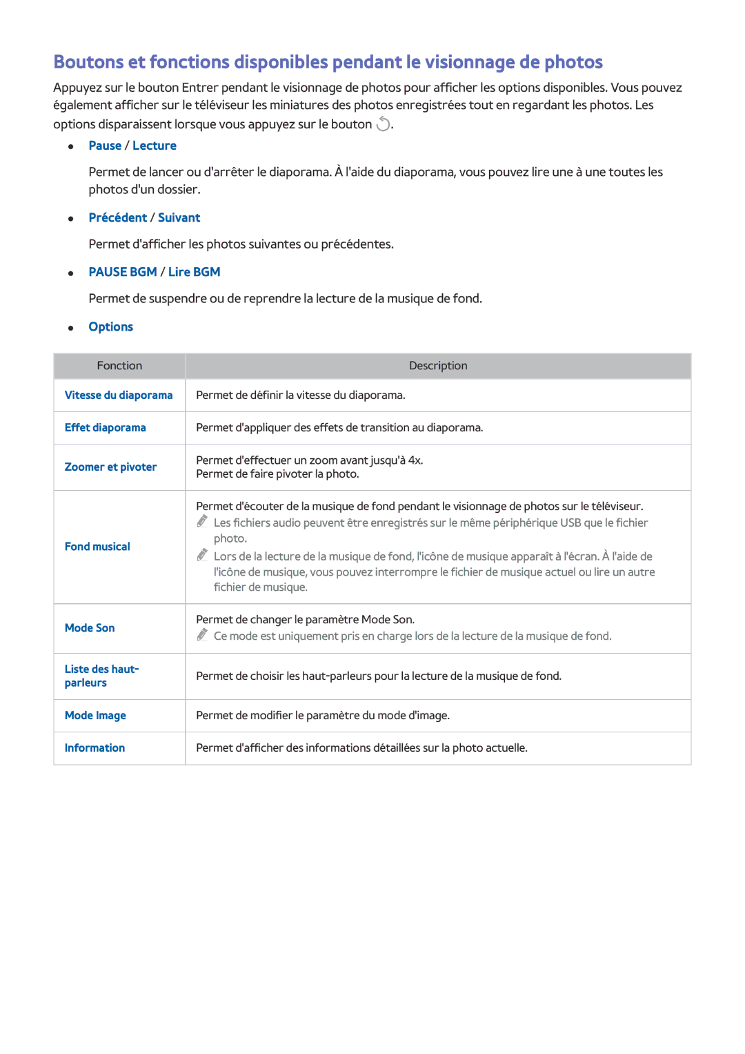 Samsung UE40LS001CUXZF, UE32LS001CUXZF, UE32LS001AUXZF manual Pause / Lecture, Précédent / Suivant, Pause BGM / Lire BGM 