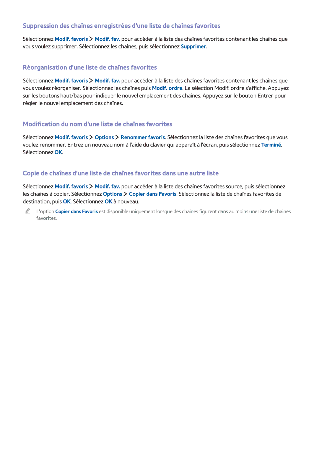 Samsung UE24LS001AUXZF Réorganisation dune liste de chaînes favorites, Modification du nom dune liste de chaînes favorites 