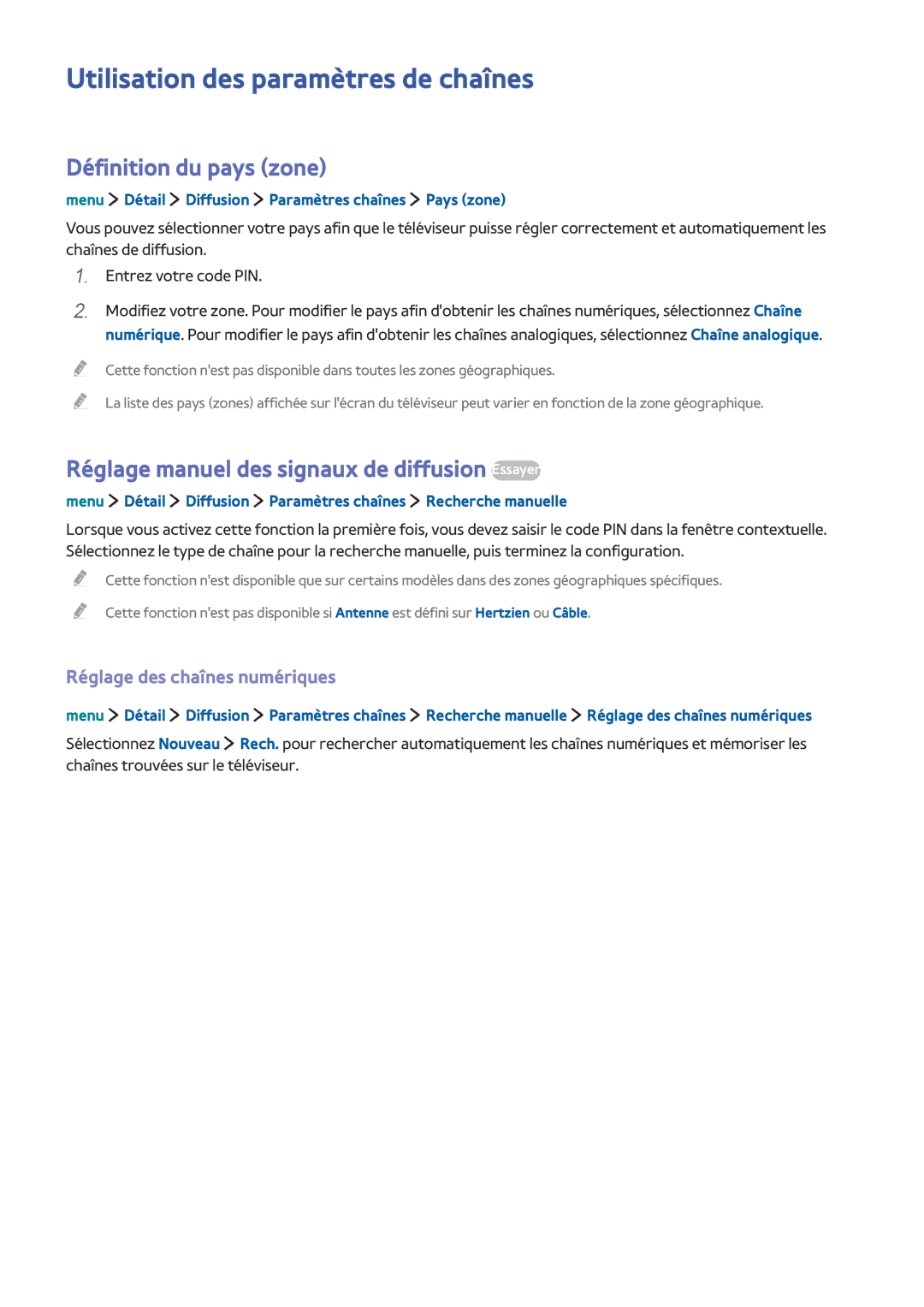 Samsung UE40LS001CUXZF Utilisation des paramètres de chaînes, Définition du pays zone, Réglage des chaînes numériques 