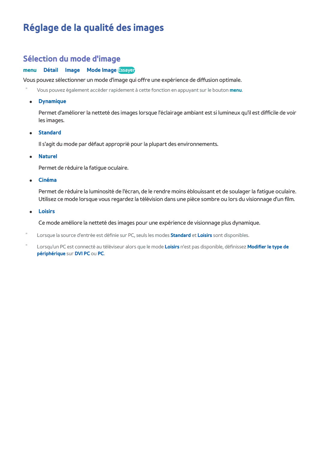 Samsung UE40LS001AUXZF, UE40LS001CUXZF, UE32LS001CUXZF manual Réglage de la qualité des images, Sélection du mode dimage 