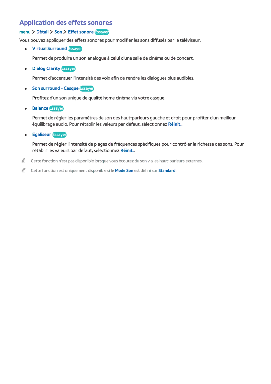 Samsung UE24LS001AUXZF, UE40LS001CUXZF, UE32LS001CUXZF, UE32LS001AUXZF, UE40LS001AUXZF manual Application des effets sonores 