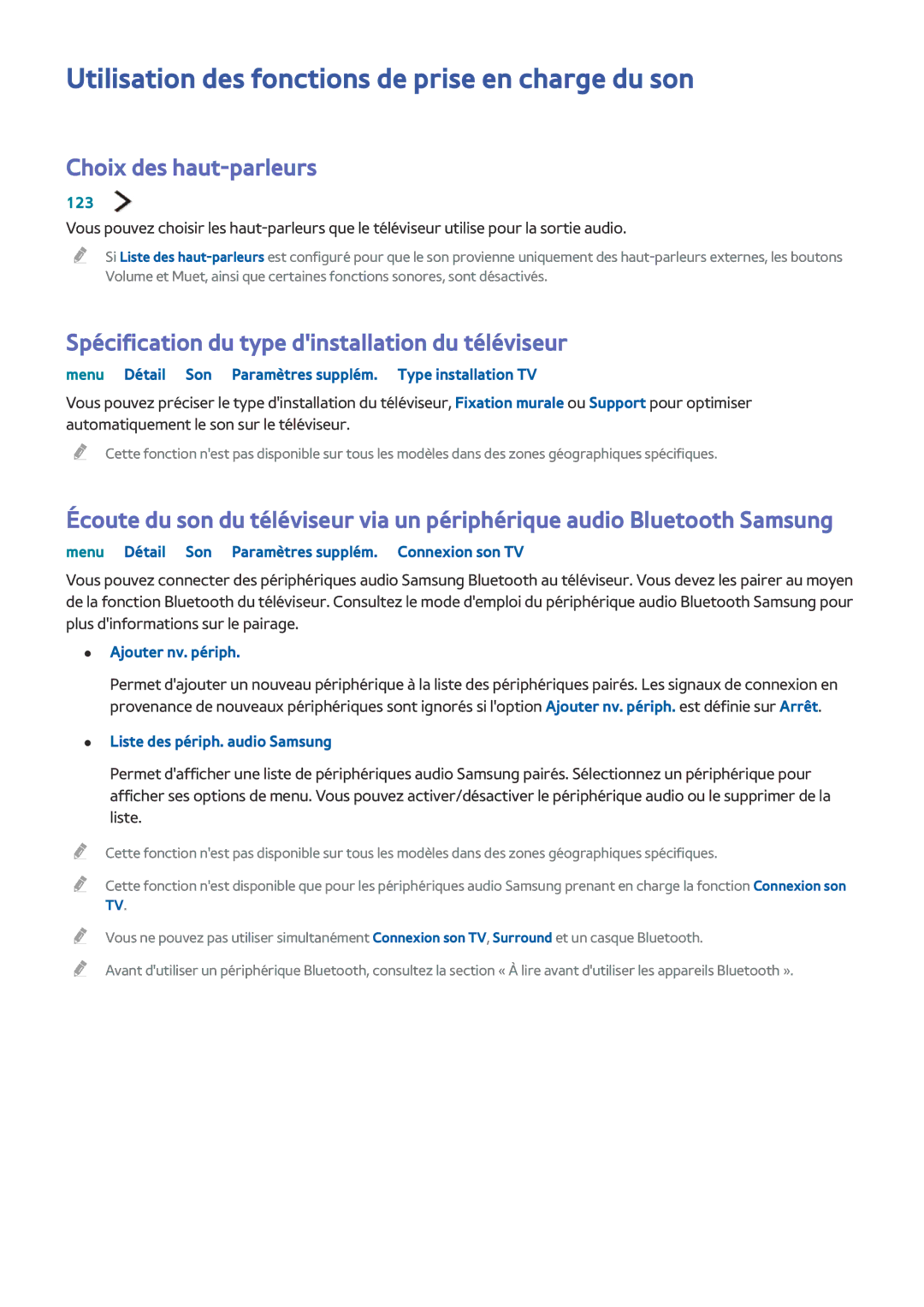 Samsung UE32LS001DUXZF, UE40LS001CUXZF manual Utilisation des fonctions de prise en charge du son, Choix des haut-parleurs 