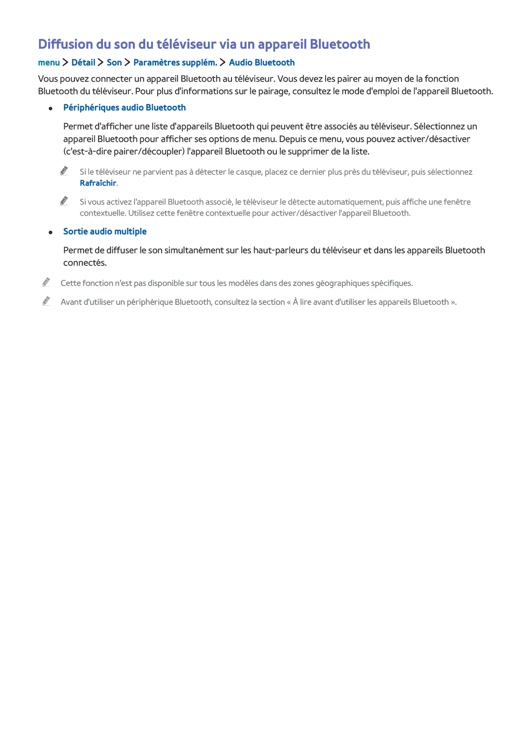 Samsung UE24LS001BUXZF manual Diffusion du son du téléviseur via un appareil Bluetooth, Périphériques audio Bluetooth 