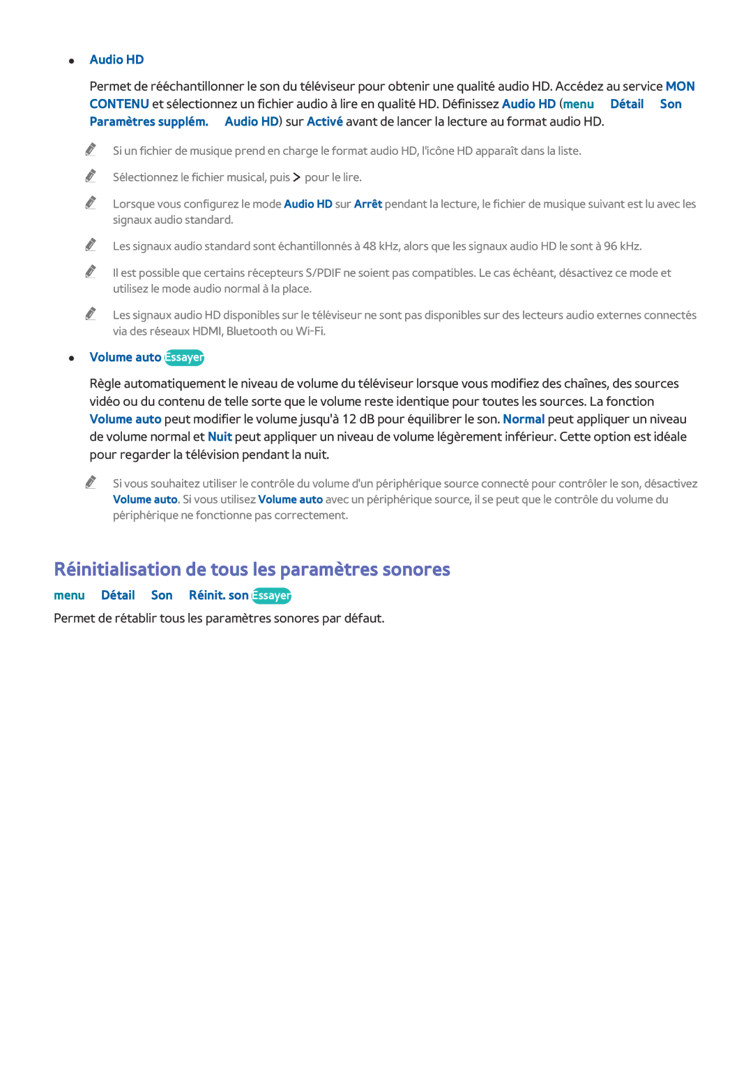Samsung UE40LS001CUXZF, UE32LS001CUXZF manual Réinitialisation de tous les paramètres sonores, Audio HD, Volume auto Essayer 