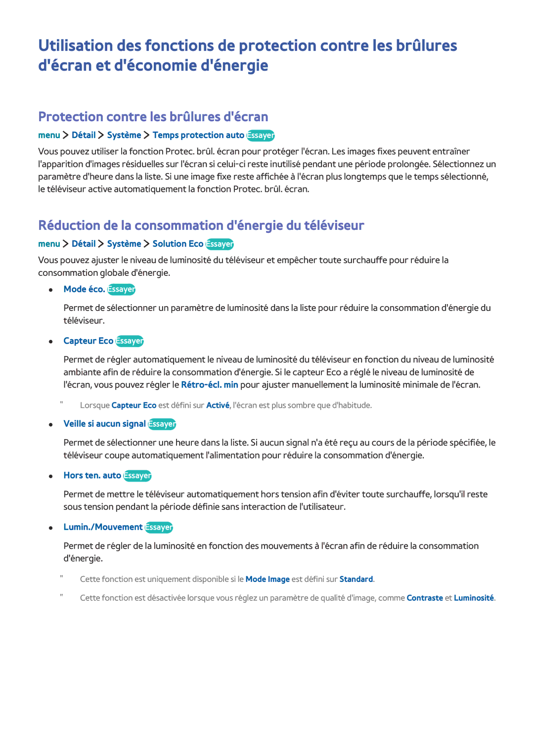 Samsung UE32LS001DUXZF manual Protection contre les brûlures décran, Réduction de la consommation dénergie du téléviseur 