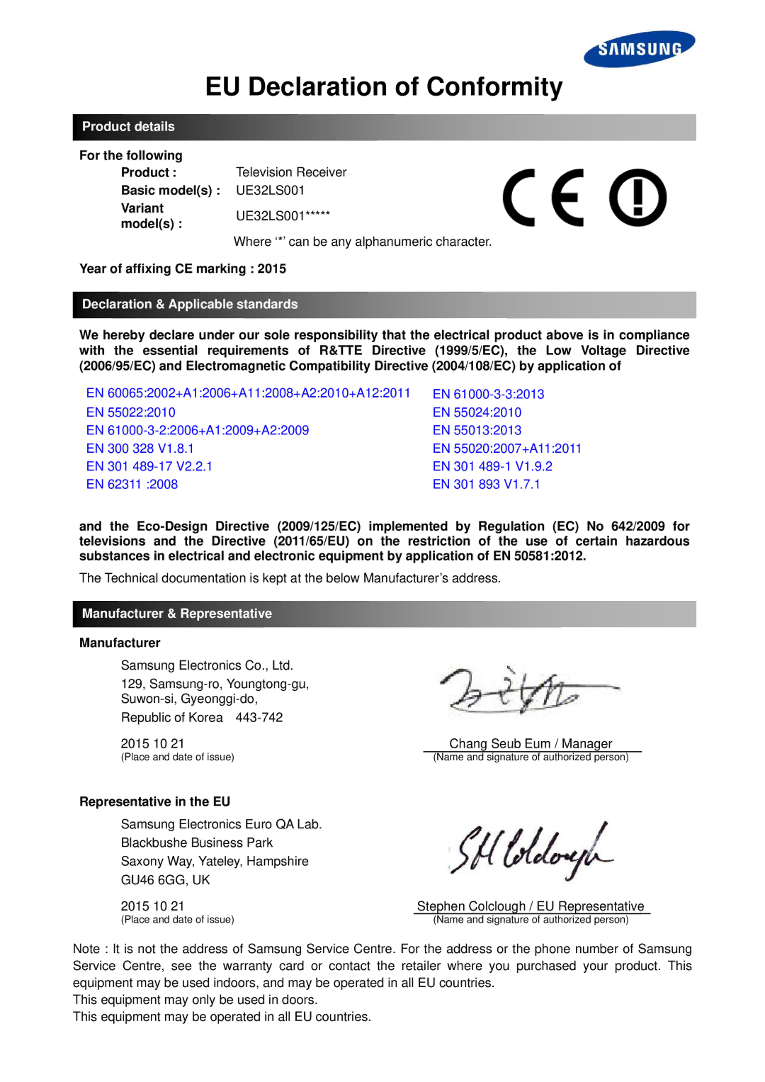 Samsung UE32LS001CUXZF manual EU Declaration of Conformity, Product details, Declaration & Applicable standards 