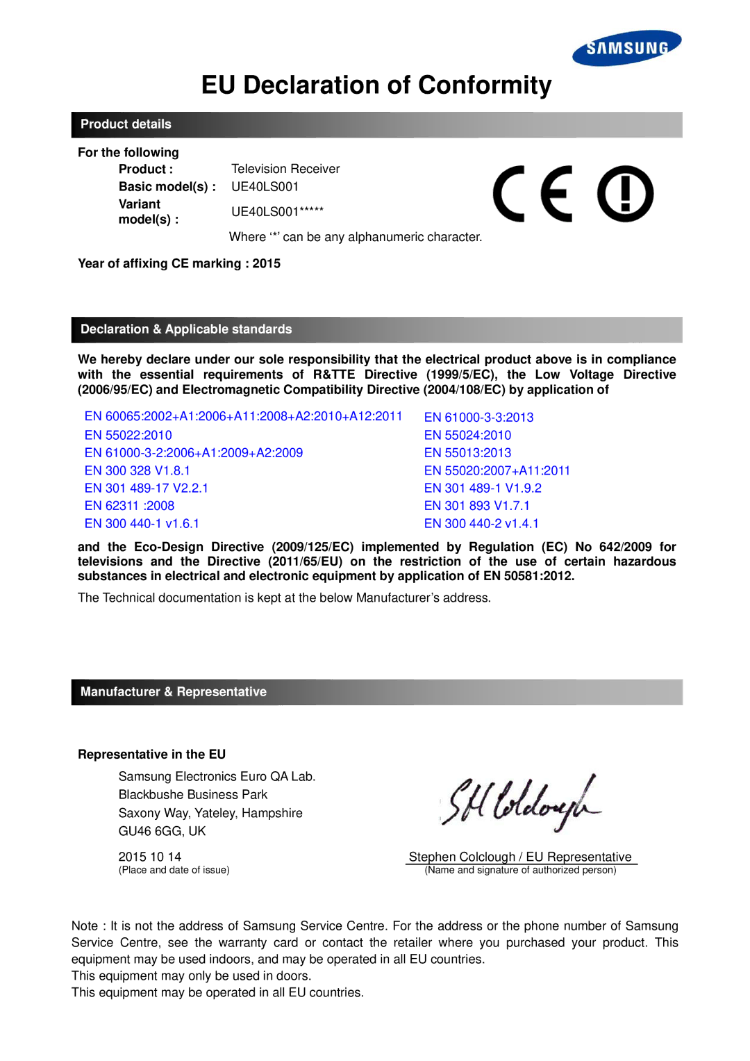 Samsung UE32LS001CUXZF manual EU Declaration of Conformity, Product details, Declaration & Applicable standards 