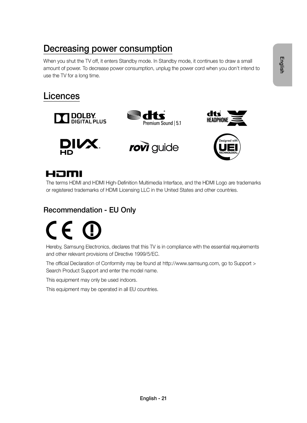 Samsung UE40LS001AUXZF, UE40LS001CUXZF, UE32LS001CUXZF manual Decreasing power consumption, Licences, Recommendation EU Only 