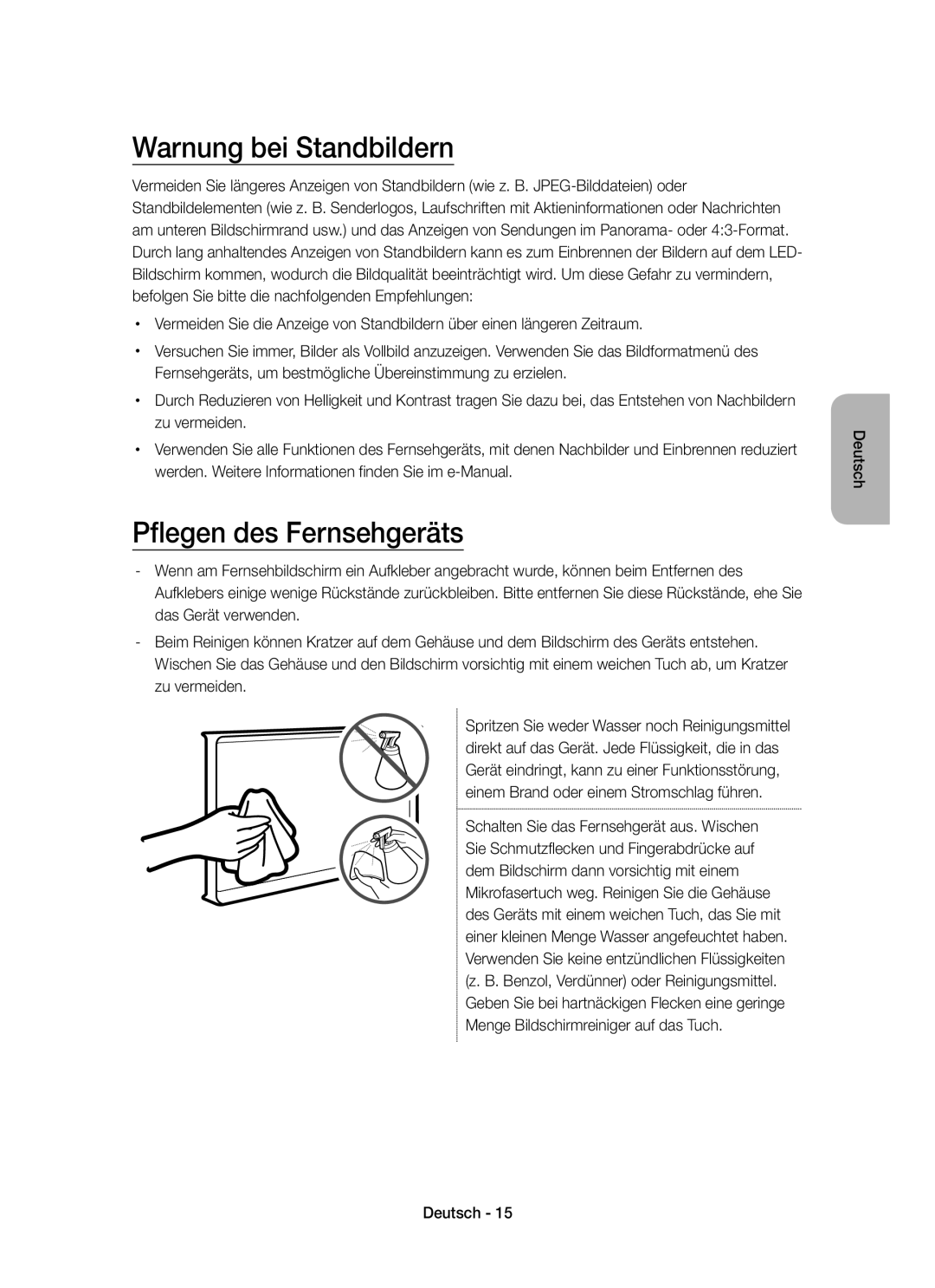 Samsung UE24LS001BUXZF, UE40LS001CUXZF, UE32LS001CUXZF, UE32LS001AUXZF Warnung bei Standbildern, Pflegen des Fernsehgeräts 