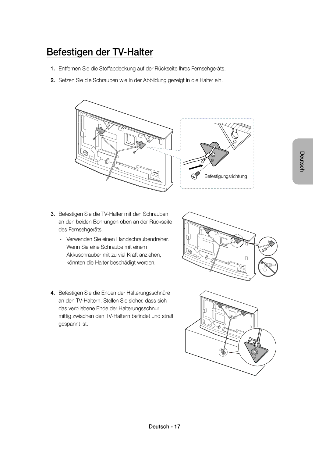 Samsung UE32LS001CUXZF, UE40LS001CUXZF, UE32LS001AUXZF, UE40LS001AUXZF, UE24LS001AUXZF manual Befestigen der TV-Halter 