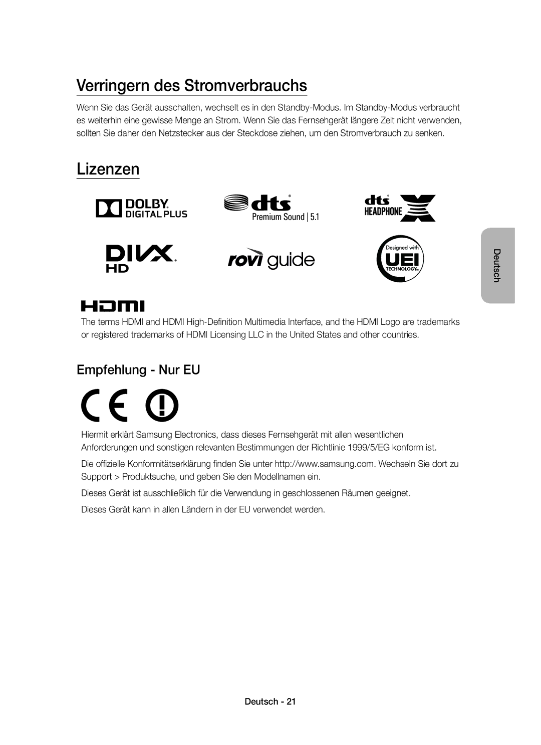 Samsung UE24LS001BUXZF, UE40LS001CUXZF, UE32LS001CUXZF manual Verringern des Stromverbrauchs, Lizenzen, Empfehlung Nur EU 