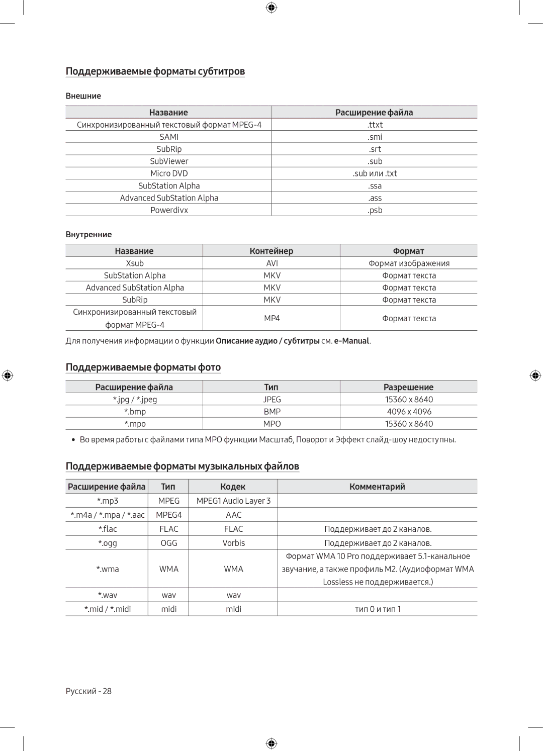 Samsung UE40M5000AUXRU, UE49M5000AUXRU manual Поддерживаемые форматы субтитров Внешние, Поддерживаемые форматы фото 