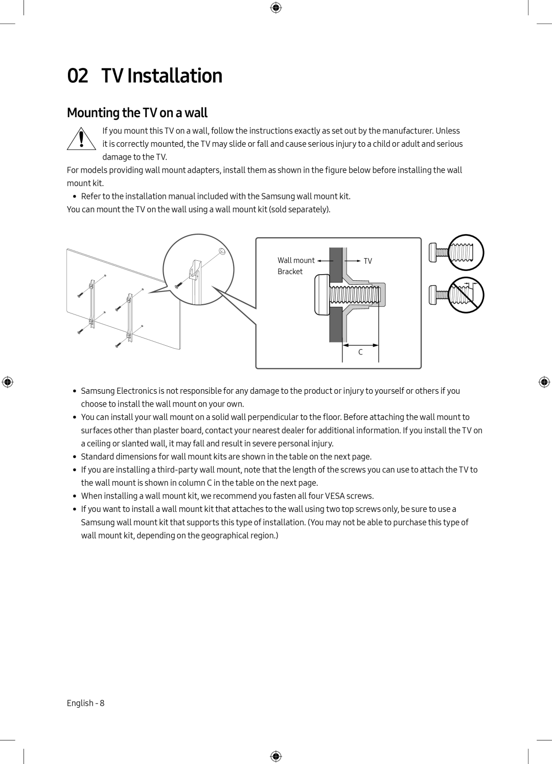 Samsung UE40M5000AUXRU, UE49M5000AUXRU manual TV Installation, Mounting the TV on a wall 