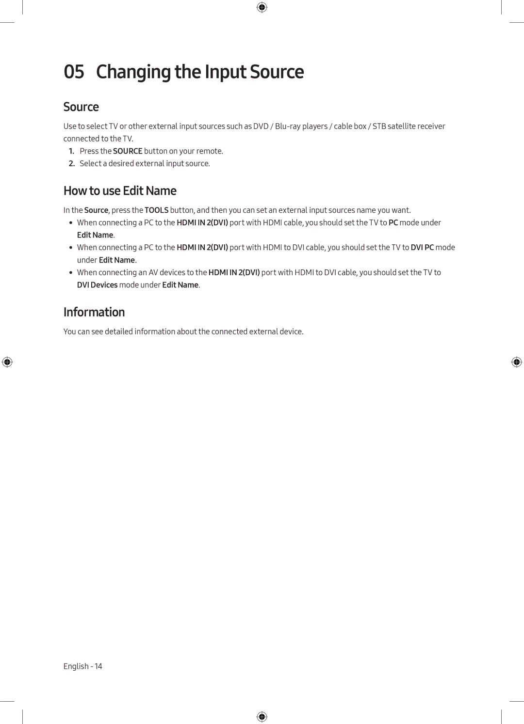 Samsung UE40M5000AUXRU, UE49M5000AUXRU manual Changing the Input Source, How to use Edit Name, Information 