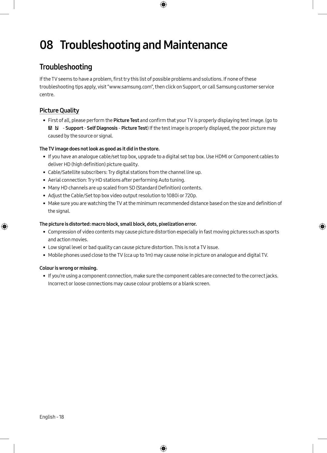 Samsung UE40M5000AUXRU, UE49M5000AUXRU manual Troubleshooting and Maintenance, Picture Quality, Colour is wrong or missing 