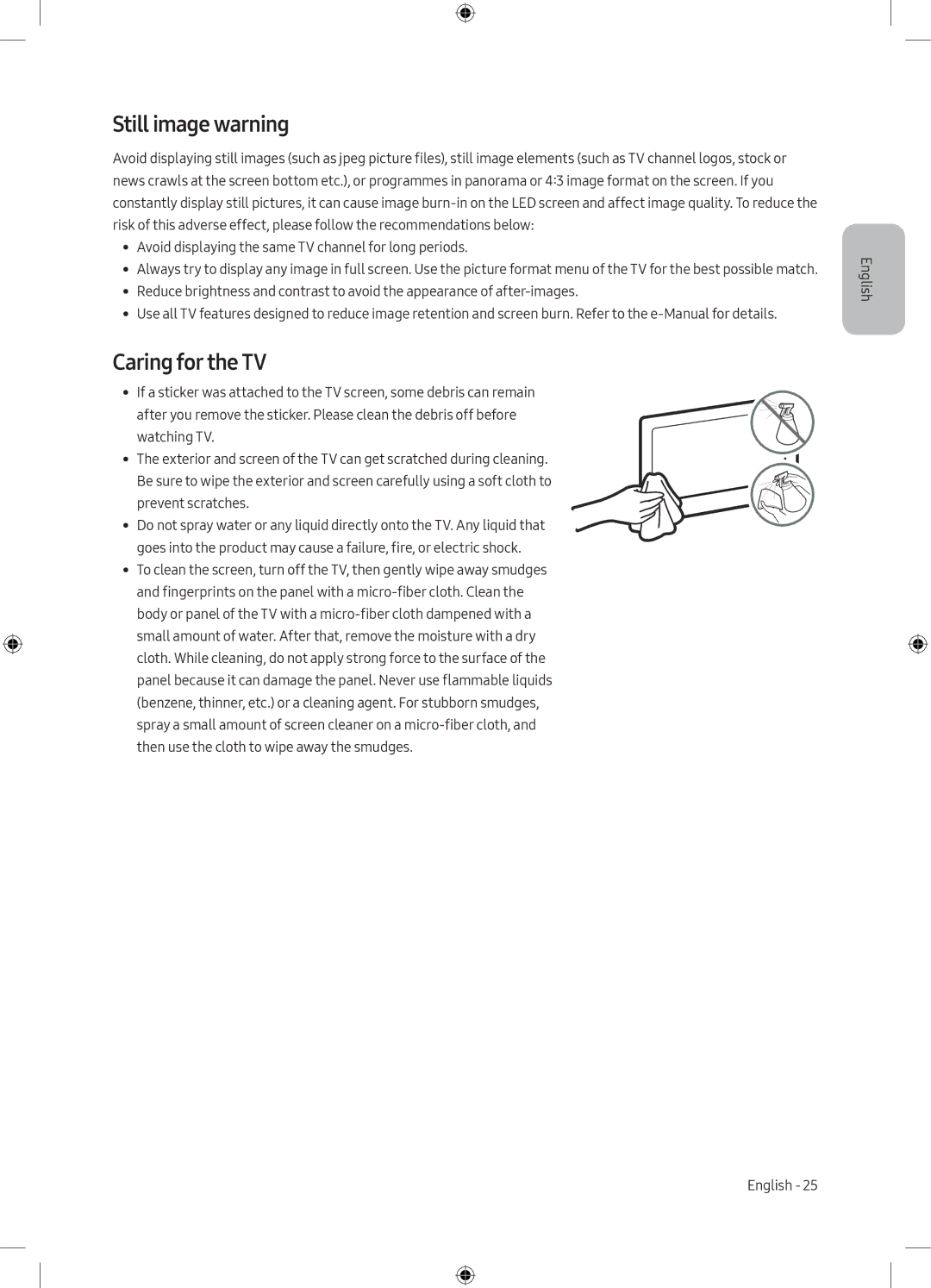 Samsung UE49M5000AUXRU, UE40M5000AUXRU manual Still image warning, Caring for the TV 